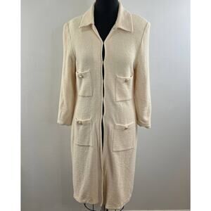 VINTAGE St John Cream Long Line Duster Wool Four Pocket Sweater Coat 10 FLAW VTG
